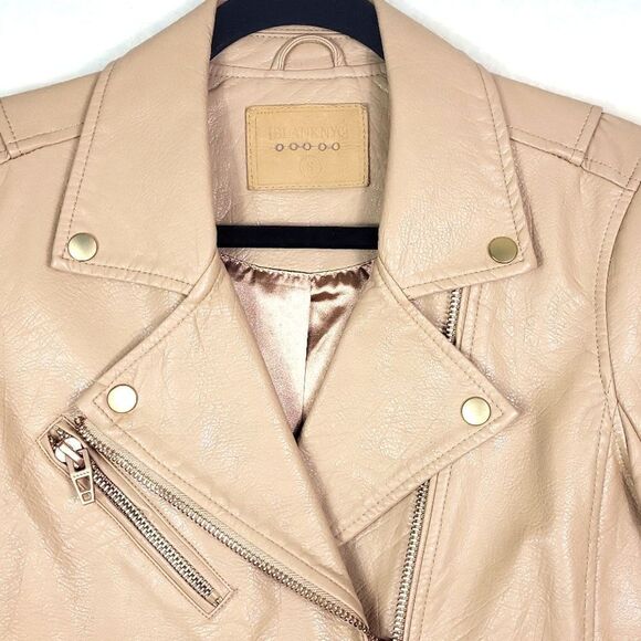 Blank NYC Tan faux Leather Moto Jacket Asymmetrical Zipper. Size S - Picture 3 of 8